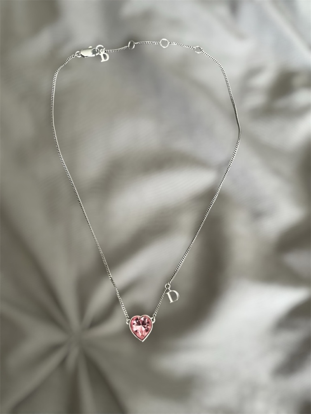 Christian Dior Silver-Tone Necklace with Pink Swarovski Heart Crystal Pendant